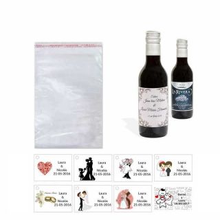 Tinto detalles boda personalizado con tarjeta y bolsa celofán