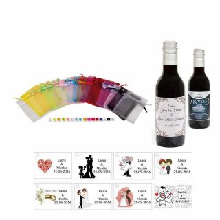 Tinto detalles boda personalizado con tarjeta y bolsa organza