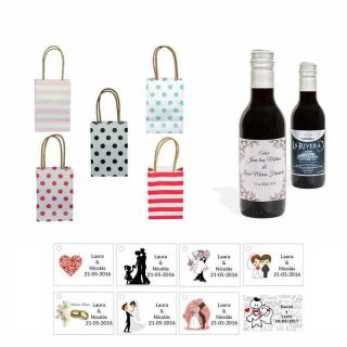 Tinto detalles boda personalizado con bolsa de asas y tarjeta