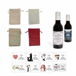 Tinto detalles boda personalizado con tarjeta y bolsa saco