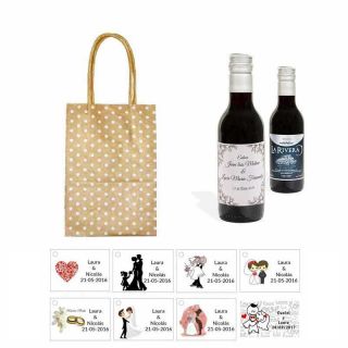 Tinto detalles boda personalizado con tarjeta y bolsa