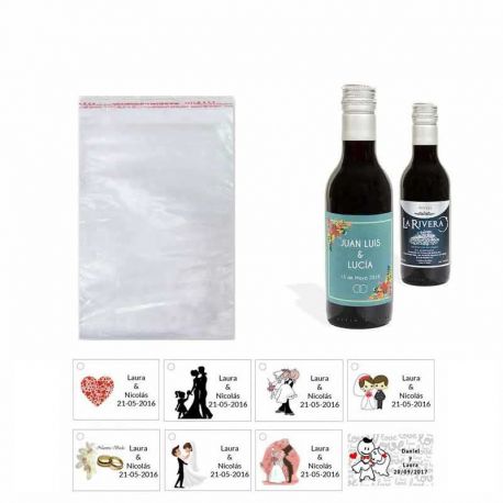 Tinto invitados boda personalizado con tarjeta y bolsa celofán