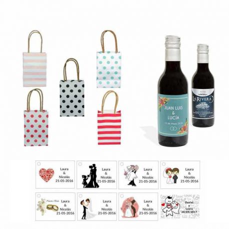 Tinto invitados boda personalizado con bolsa de asas y tarjeta