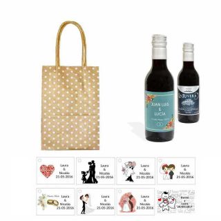 Tinto invitados boda personalizado con tarjeta y bolsa