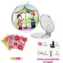Espejo con sombrilla y niños, con bolsa de organza con motivos florales multicolor, y tarjeta personalizada