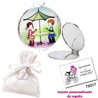 Espejo con sombrilla y niños, con bolsita blanca elegante con alianzas bordadas, y tarjeta personalizada