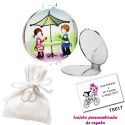 Espejo con sombrilla y niños, con bolsita blanca elegante con alianzas bordadas, y tarjeta personalizada