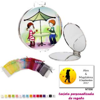 Espejo con sombrilla y niños, con bolsa de organza multicolor, y tarjeta personalizada
