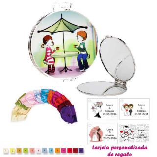 Espejo con sombrilla y niños, con bolsa de raso multicolor, y tarjeta personalizada
