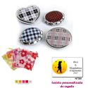 Espejos plateados con cuadros escoceses, con bolsa de organza con motivos florales multicolor, y tarjeta personalizada