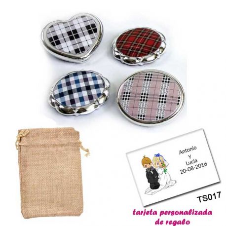 Espejos plateados con cuadros escoceses, con bolsa de saco marrón y tarjeta personalizada