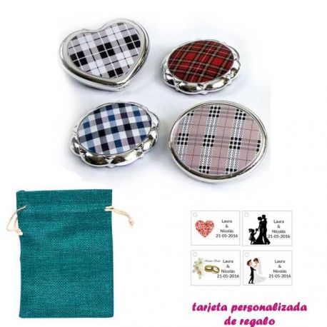 Espejos plateados con cuadros escoceses, con bolsa de saco azul y tarjeta personalizada