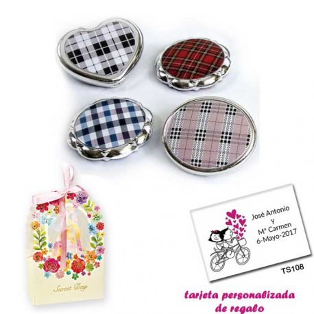 Espejos plateados con cuadros escoceses, con caja de flores, y tarjeta personalizada
