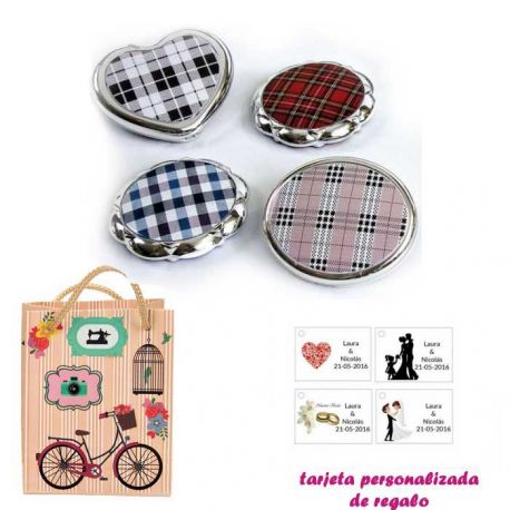 Espejos plateados con cuadros escoceses, con dibujos decorativos y con bicicleta, y tarjeta personalizada