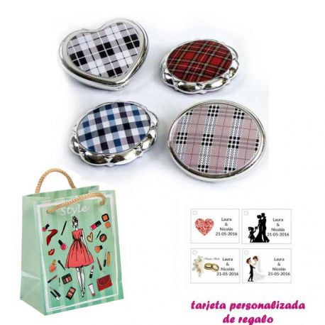 Espejos plateados con cuadros escoceses, con dibujos de mujer, moda y belleza, y tarjeta personalizada