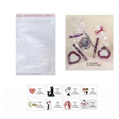 Espejo y boli en bolsa y tarjeta para regalos de boda