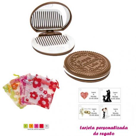 Espejo Galleta Oreo con peine blanco y con bolsa de organza con motivos florales multicolor, y tarjeta personalizada