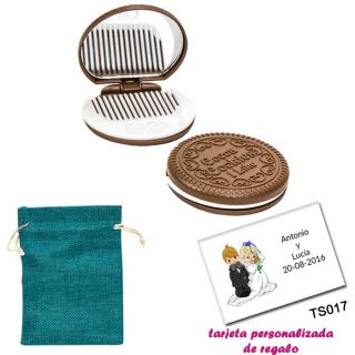Espejo Galleta Oreo con peine blanco y con bolsa de saco azul y tarjeta personalizada