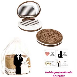 Espejo Galleta Oreo con peine blanco y con bolsa de yute y tarjeta personalizada