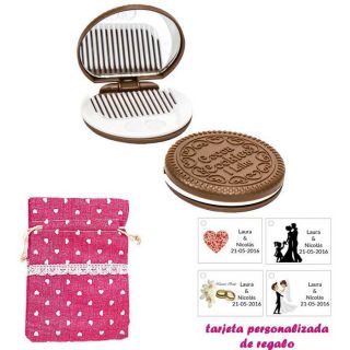 Espejo Galleta Oreo con peine blanco y con bolsa de saco rosa estampada y tarjeta personalizada