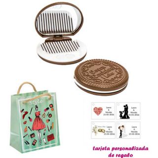Espejo Galleta Oreo con peine blanco y con dibujos de mujer, moda y belleza, y tarjeta personalizada
