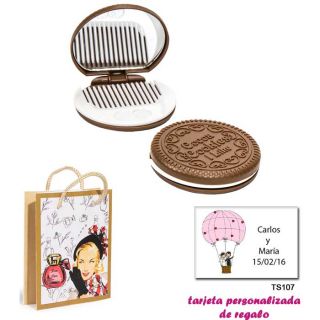 Espejo Galleta Oreo con peine blanco y con dibujos de mujer, perfume y belleza, y tarjeta personalizada