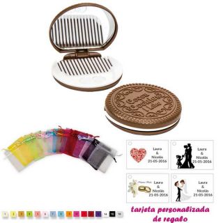 Espejo Galleta Oreo con peine blanco y con bolsa de organza multicolor, y tarjeta personalizada