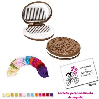 Espejo Galleta Oreo con peine blanco y con bolsa de raso multicolor, y tarjeta personalizada