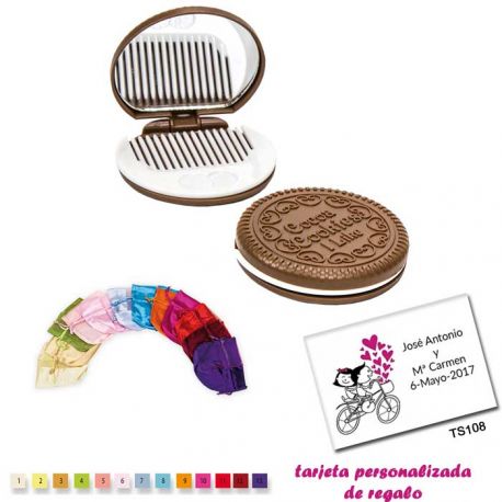 Espejo Galleta Oreo con peine blanco y con bolsa de raso multicolor, y tarjeta personalizada