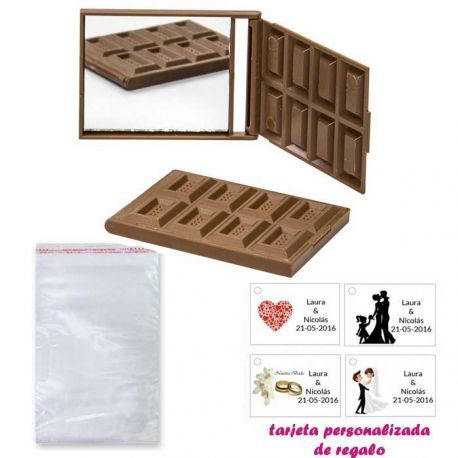 Espejo Tableta de Chocolate, con bolsa básica de celofan, y tarjeta personalizada