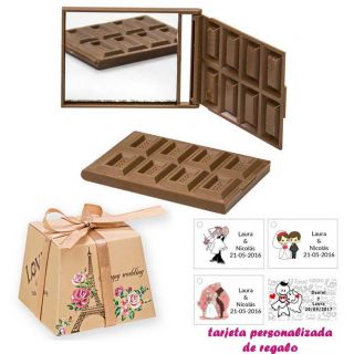 Espejo Tableta de Chocolate, con caja vintage con la Torre Eiffel y flores, y tarjeta personalizada