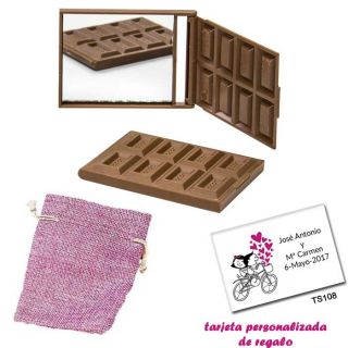 Espejo Tableta de Chocolate, con bolsa de saco rosa y tarjeta personalizada