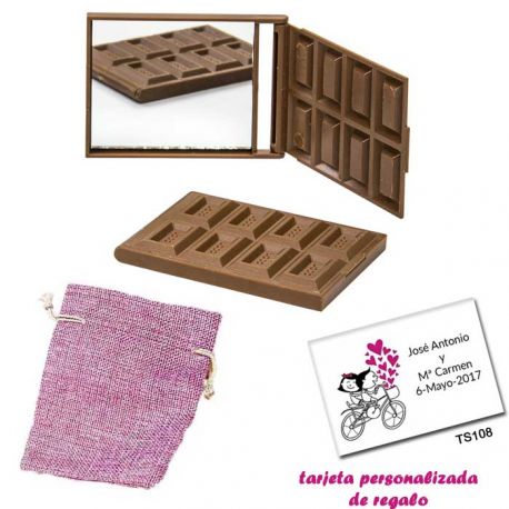 Espejo Tableta de Chocolate, con bolsa de saco rosa y tarjeta personalizada
