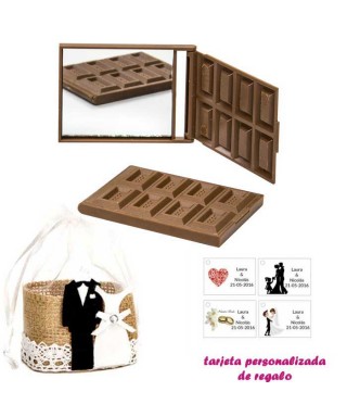Espejo Tableta de Chocolate, con bolsa de yute y tarjeta personalizada