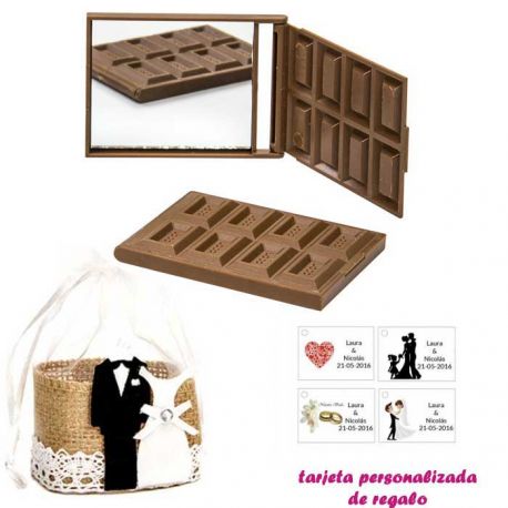 Espejo Tableta de Chocolate, con bolsa de yute y tarjeta personalizada