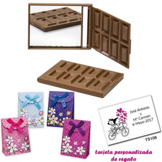 Espejo Tableta de Chocolate, con caja de flores y tarjeta personalizada