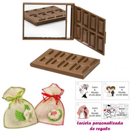 Espejo Tableta de Chocolate, con bolsa de saco en crudo y detalles de colores, y tarjeta personalizada