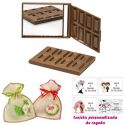 Espejo Tableta de Chocolate, con bolsa de saco en crudo y detalles de colores, y tarjeta personalizada