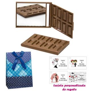 Espejo Tableta de Chocolate, con caja de flores y lazo azul, y tarjeta personalizada
