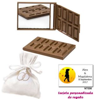 Espejo Tableta de Chocolate, con bolsita blanca elegante con alianzas bordadas, y tarjeta personalizada