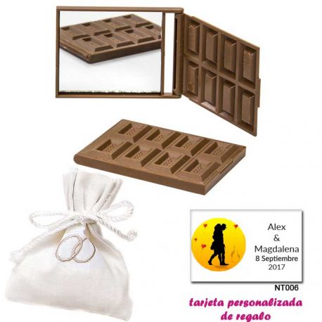 Espejo Tableta de Chocolate, con bolsita blanca elegante con alianzas bordadas, y tarjeta personalizada