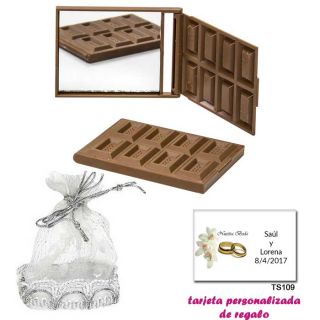 Espejo Tableta de Chocolate, con una elegante bolsa plateada, y tarjeta personalizada