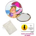 Espejo de Chapa con chica en la Playa, con bolsa blanca de organza, y tarjeta personalizada