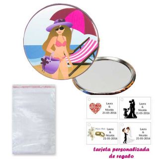 Espejo de Chapa con chica en la Playa, con bolsa básica de celofan, y tarjeta personalizada
