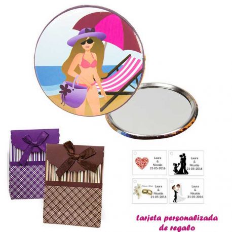 Espejo de Chapa con chica en la Playa, con caja de rayas con lazo y tarjeta personalizada
