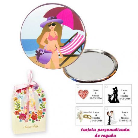 Espejo de Chapa con chica en la Playa, con caja de flores, y tarjeta personalizada