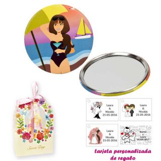 Espejo de Chapa con chica en la Playa, con caja de flores, y tarjeta personalizada