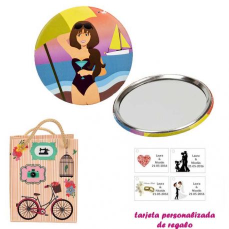 Espejo de Chapa con chica en la Playa, con dibujos decorativos y con bicicleta, y tarjeta personalizada