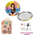 Espejo de Chapa con chica en la Playa, con dibujos decorativos y con bicicleta, y tarjeta personalizada