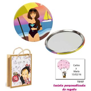 Espejo de Chapa con chica en la Playa, con dibujos de mujer, perfume y belleza, y tarjeta personalizada